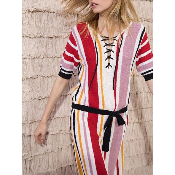 Colored Vertical Striped Knitted Chest Strap Beach Vacation Dress