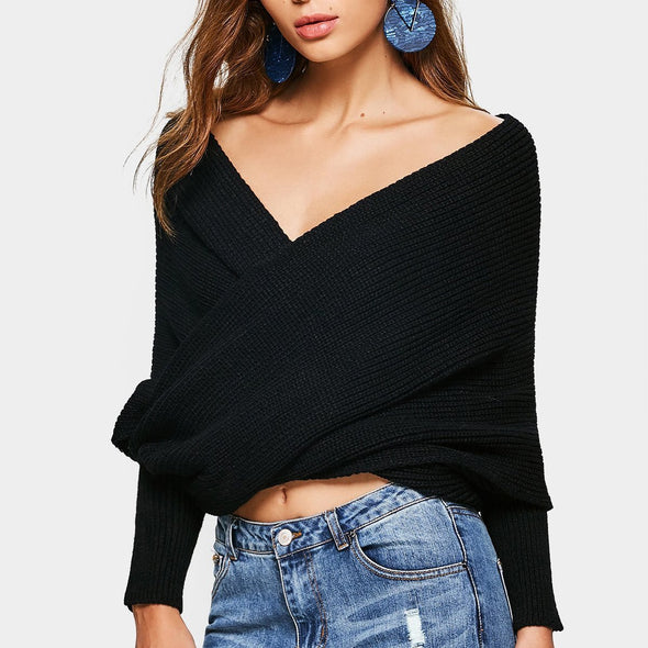 Sexy V-Neck Cross Knitted Navel Sweater