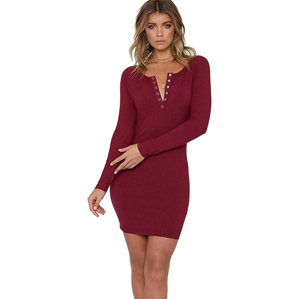 Sexy Solid V-Neck Long Sleeve Knitted Bodycon Dress