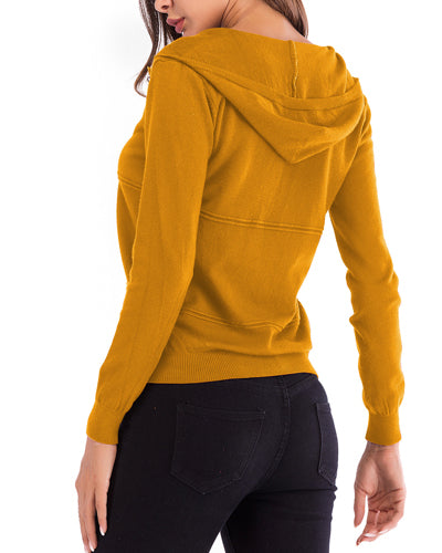 Solid Color Hooded Zipper Long Sleeve Knit Cardigan