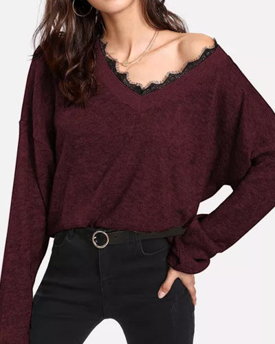 Loose V-Neck Splicing Long-Sleeved Sweater