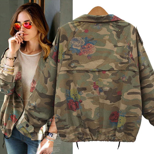 Fashion Batwing Sleeve Zipper Turn-down Collar Camouflage Coat