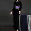 Women's Long Sleeve Embroidered Gold Velvet Evening Dress