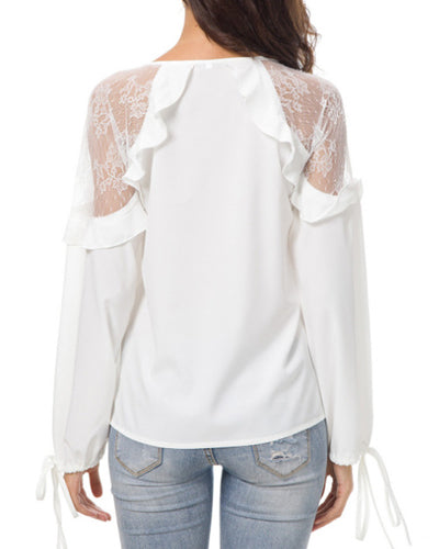 Lace-Paneled V-Neck Long-Sleeved Chiffon Shirt