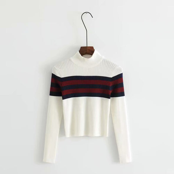 Casual Stripe Stitching Stand Collar Knitting Sweater