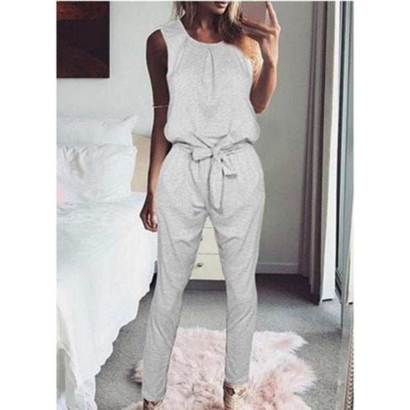 Round Neck  Bowknot  Belt Loops  Plain Jumpsuits