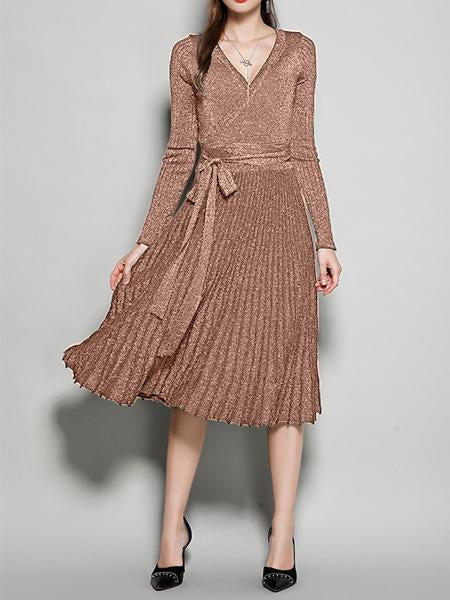 Women's New V-Neck Long Sleeve Knit Silk Pleated Dress