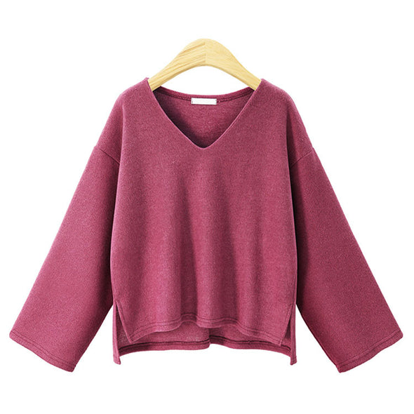 Split V- neck Long Sleeve Sweaters