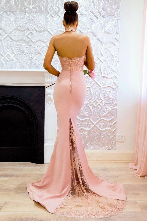 Pink Halter Neck Fishtail Wedding Bodycon Maxi Evening Dress