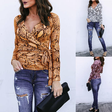 V-Neck Snake Print Long-Sleeved T-Shirt