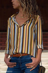 Turn Down Collar  Asymmetric Hem Single Breasted  Striped  Blouses