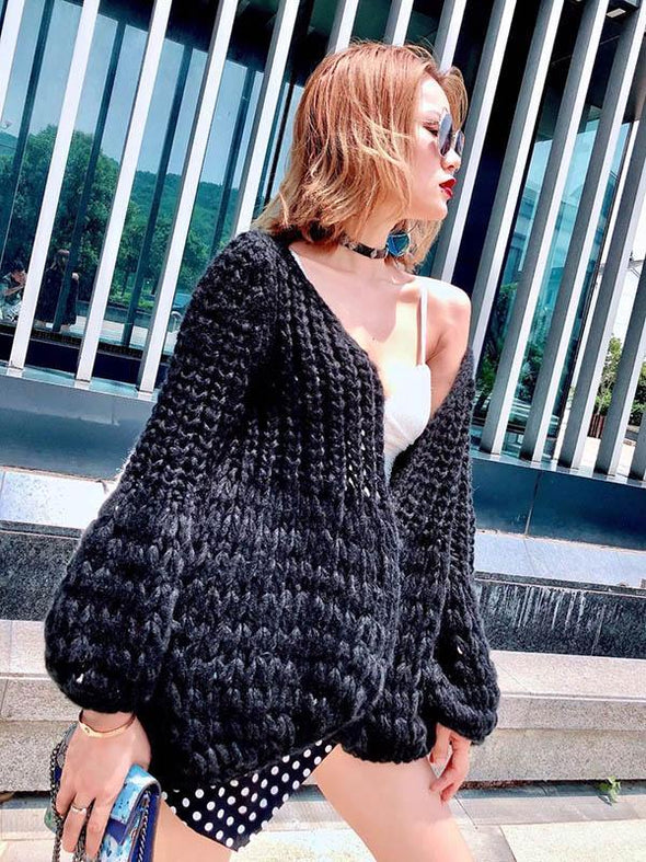 Puff Sleeves Loose Cardigan Sweater Tops