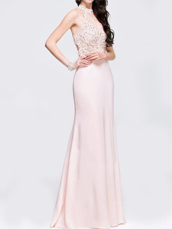 Sexy Pink Lace Stitching Halter Evening Dress