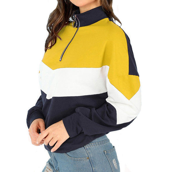 Colorblock Stand Collar Zipper Long Sleeve Sweatshirt