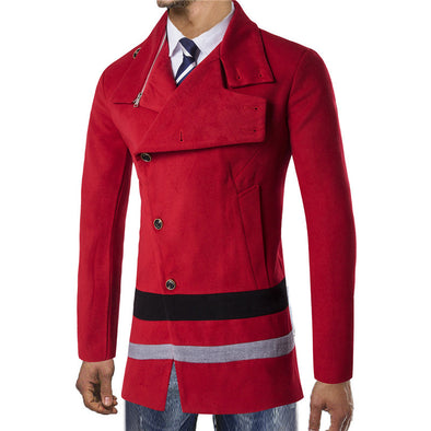 Men's Casual Diagonal Buckle High-Collar Woolen Coat