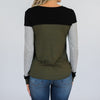 Round neck stitching long sleeve contrast T-shirt