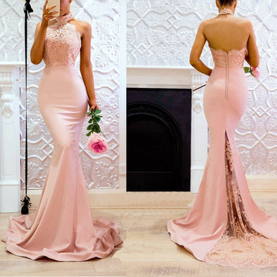 Pink Halter Neck Fishtail Wedding Bodycon Maxi Evening Dress