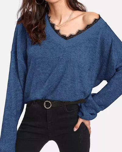 Loose V-Neck Splicing Long-Sleeved Sweater