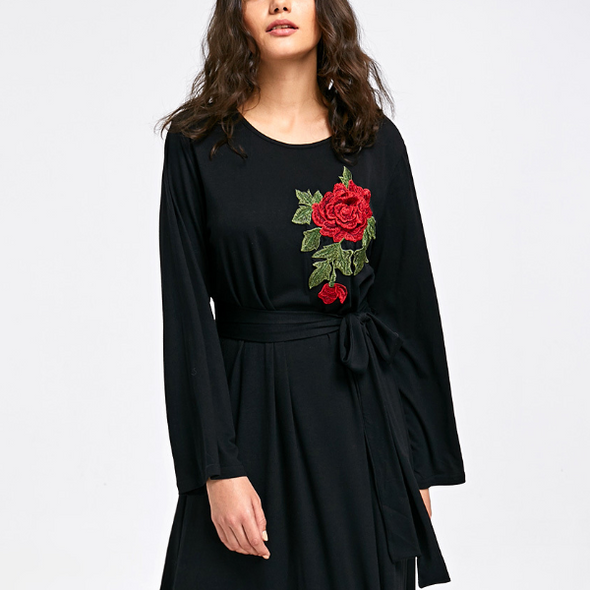 Embroidery Long Sleeve Black Shift Dresses