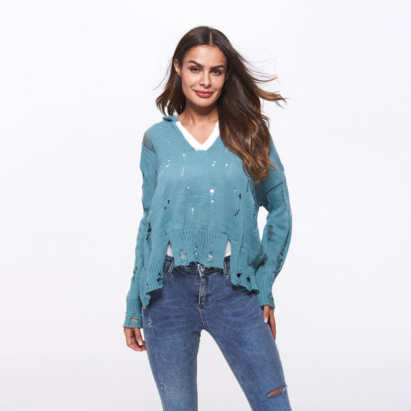 Hit Color Hole V- neck Sweaters