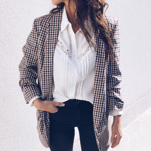 Fashion Check Long Sleeve Lapel Casual Cardigan Jacket