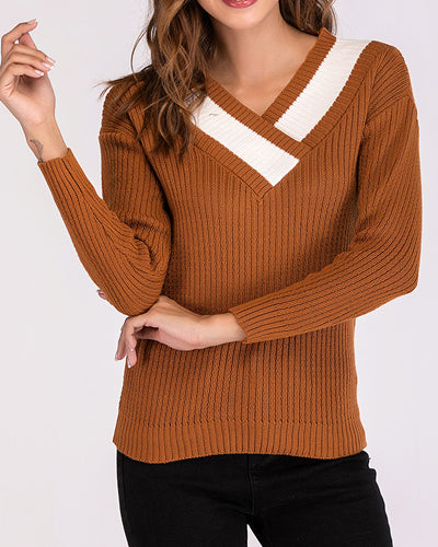 New V-Neck Long-Sleeved Slim Color Matching Sweater