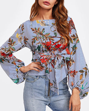 Women's printed one-shoulder long-sleeved shirt