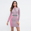 Splicing contrast zipper stand collar long sleeve Bodycon Dresses