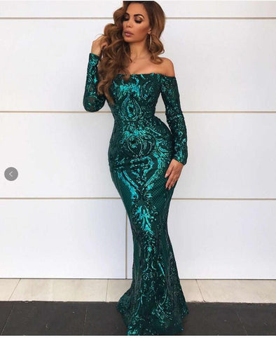 Sexy Tube Top Long Sleeve Vintage Sequins Elegant Evening Dress