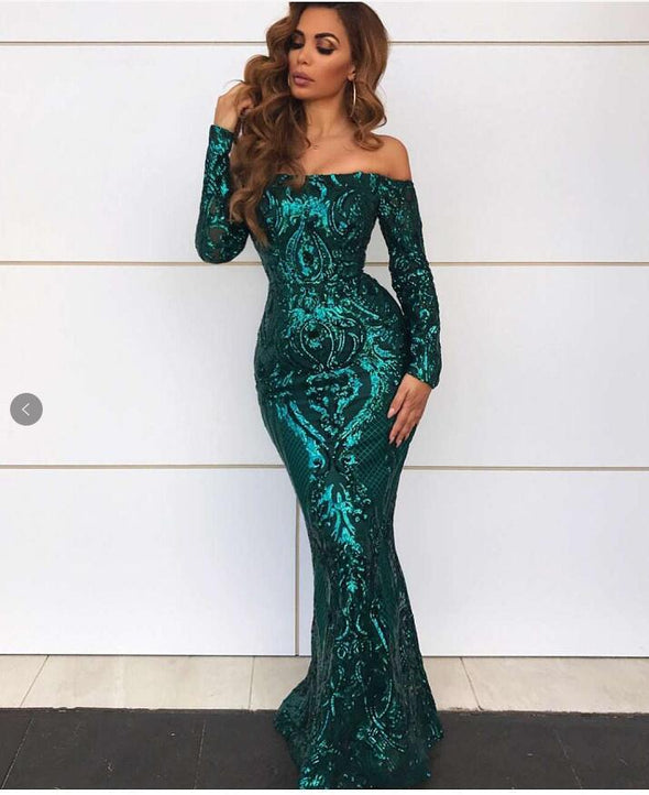 Sexy Tube Top Long Sleeve Vintage Sequins Elegant Evening Dress