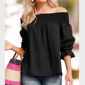 Open Shoulder Bowknot  Three-Quarter Sleeve Blouses