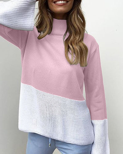 High Neck Color Matching Loose Long Sleeve Sweater