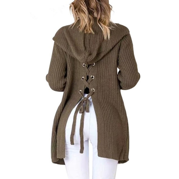 Casual Solid V-Neck Back Bandage Split Knitting Cardigan