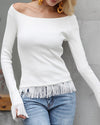 Fringed Long Sleeve Solid Color O-Neck T-Shirt