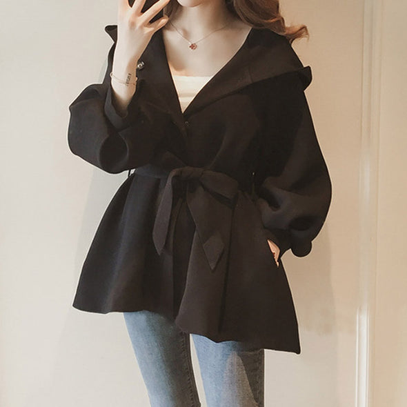 Lantern Sleeve Bow Waist Hooded Coat