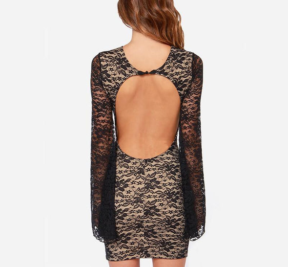 Sexy Lace Splicing Halter Flared Sleeve Bodycon