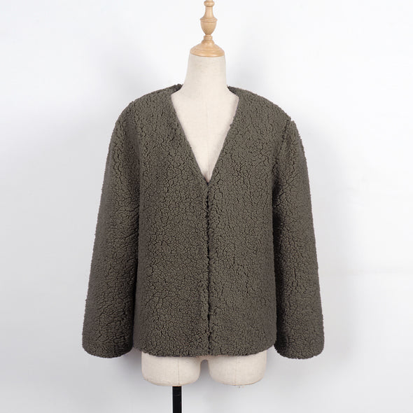 Faux Fur Long Sleeve V Neck Plush Cardigan Outwear