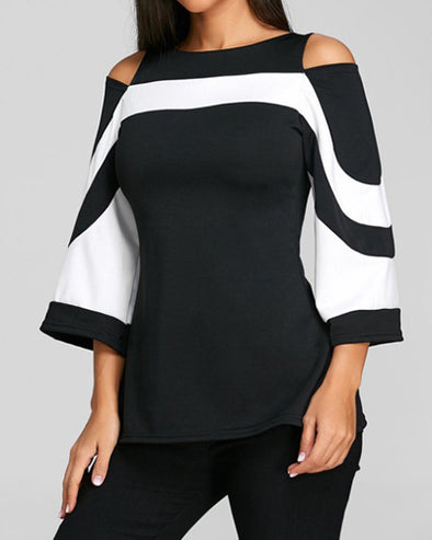 Contrast Round Neck Cropped Sleeves Slim T-Shirt