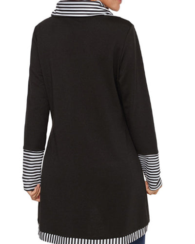 High Collar Striped Collage Pocket Long Sleeve Sweatshirt