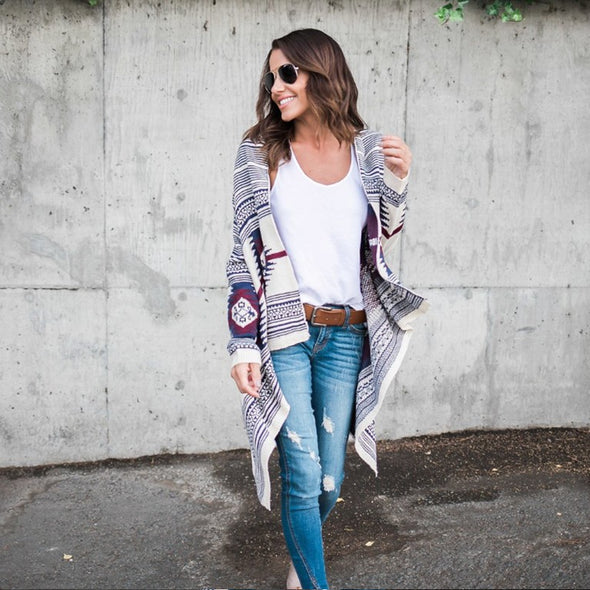 Irregular Long Sleeve Printed Knit Cardigan