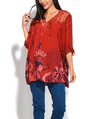 Lace V-Neck Printed Long-Sleeved Shirt