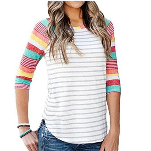 Striped Colorblocked Seven-Point Sleeve O-Neck T-Shirt