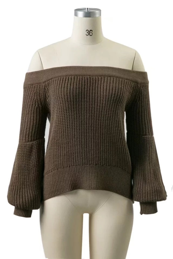 Off Shoulder Puff Sleeve Knitting Sweaters