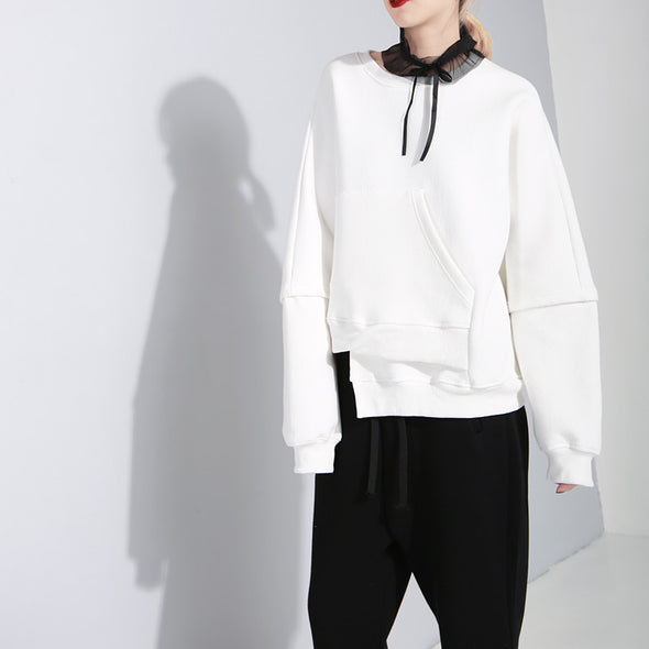 Irregular Solid Color Plus Velvet Long-Sleeved Sweatshirt