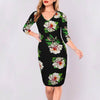 V Collar Printing 3/4 Sleeve Bodycon Dress