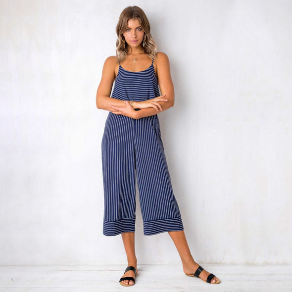 Women's striped hanging bandwidth loose jumpsuit