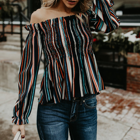 Striped Slash Neck long-sleeved Slim Shirt