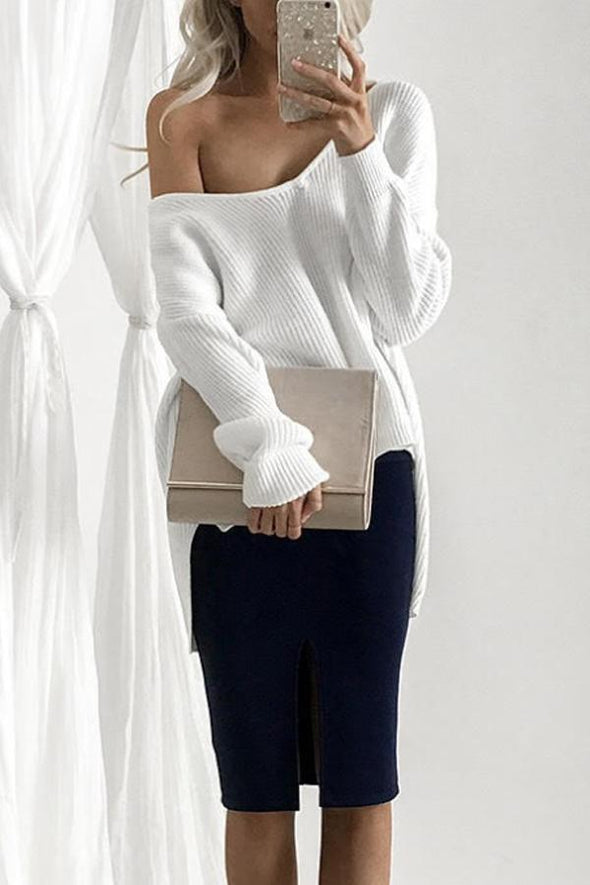 Asymmetric Neck  Asymmetric Hem  Plain Sweaters