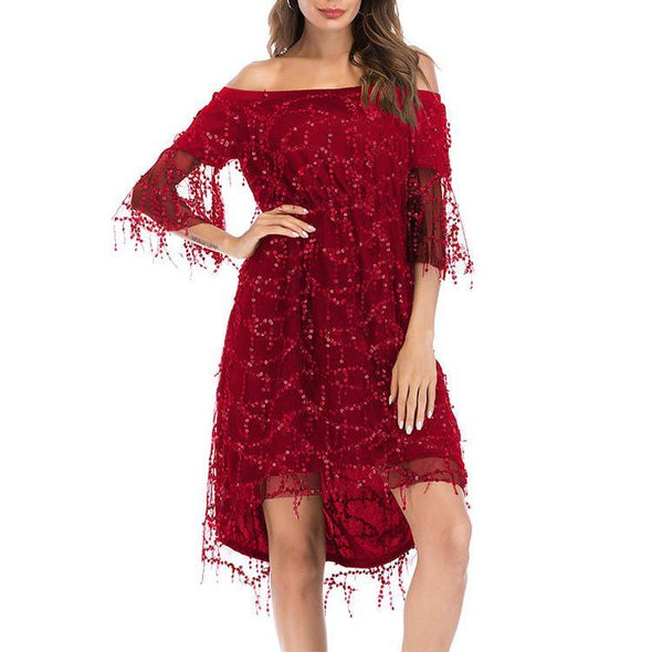 Off Shoulder Flare Sleeve Sequin Irregular Evening Dress