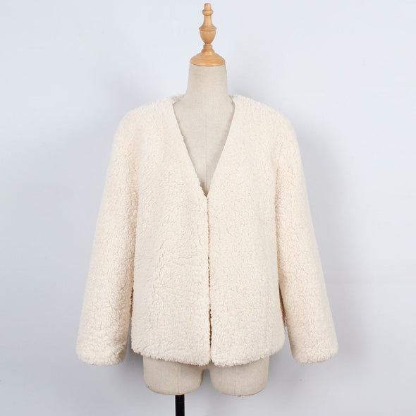 Faux Fur Long Sleeve V Neck Plush Cardigan Outwear